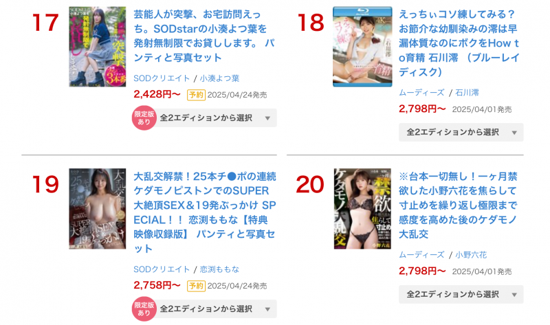 FANZA三月排行榜公布！微小的名次有够好！