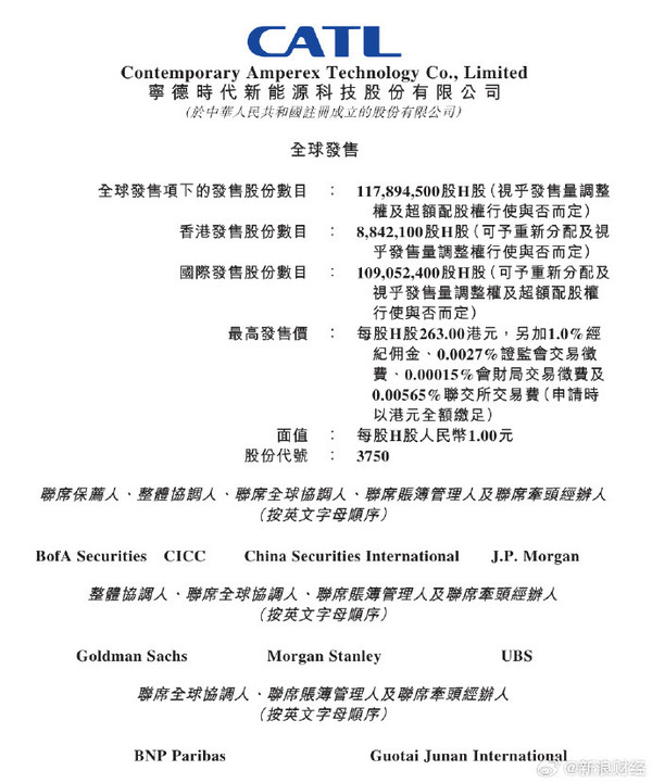 宁德时代将在港上市：设定最高发行价为每股263港元