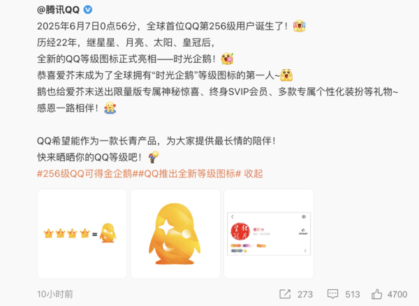 腾讯首个满级QQ诞生：集齐四皇冠后获得&ldquo;金企鹅&rdquo;