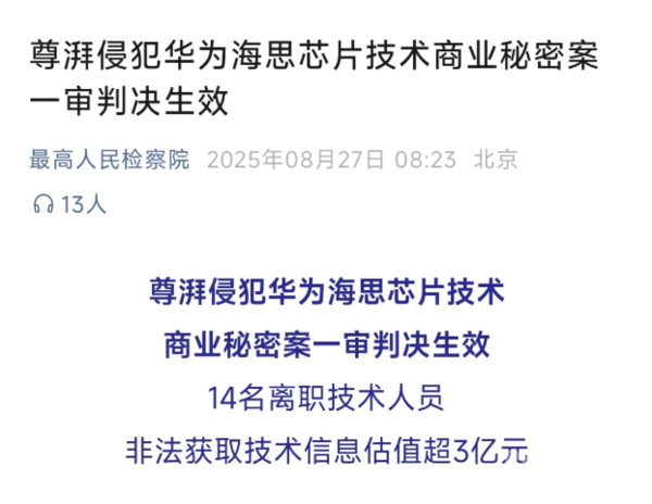 尊湃侵犯华为案一审判决生效：多人被判刑 最高六年
