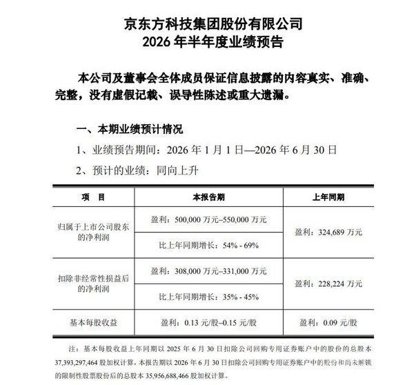京东方A预计上半年净利润为50亿&ndash;55亿元 同比增长54%-69%
